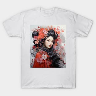 Painting Japanese Geisha Art Flowers Sakura Blossoms in Hair T-Shirt